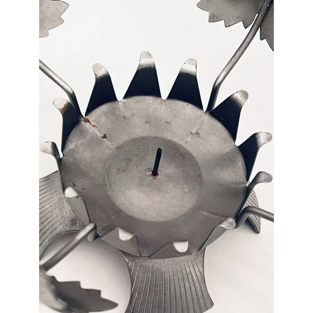 Pewter Maple Leaf Hurricane Pillar Candle Holder 7.25” Smoky Gray Lantern